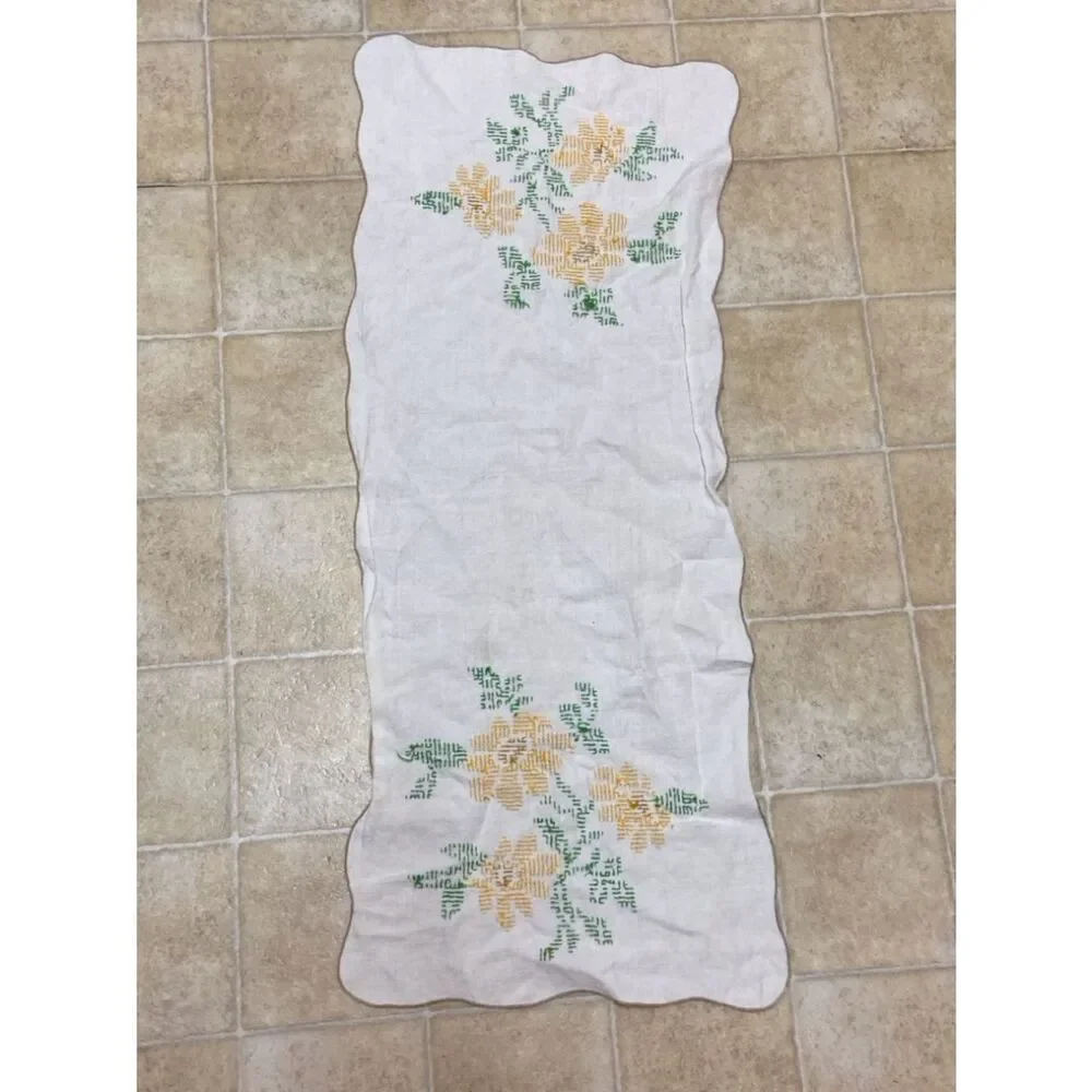 Hand-Embroidered Linen Table Runner with Yellow Floral Motif